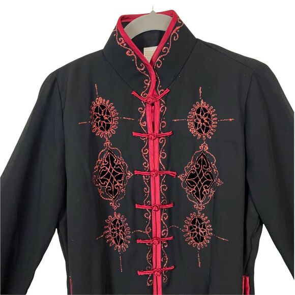 Chinese Tang Suit Top Binh Thuan Womens Black Red Long Sleeve Embroidered sz S/M - Picture 3 of 16